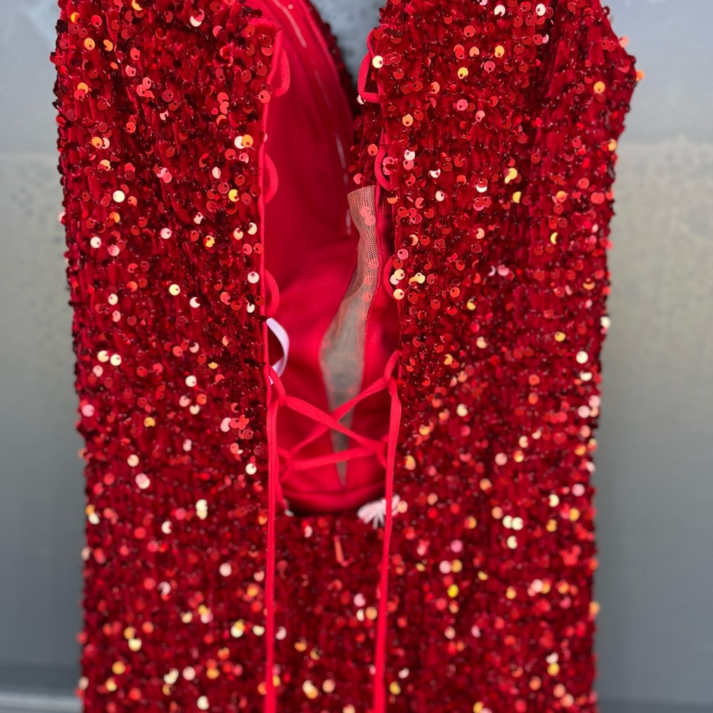 Alyce Paris Off-Shoulder Red Sequin Prom Gown - Picture 5 of 9